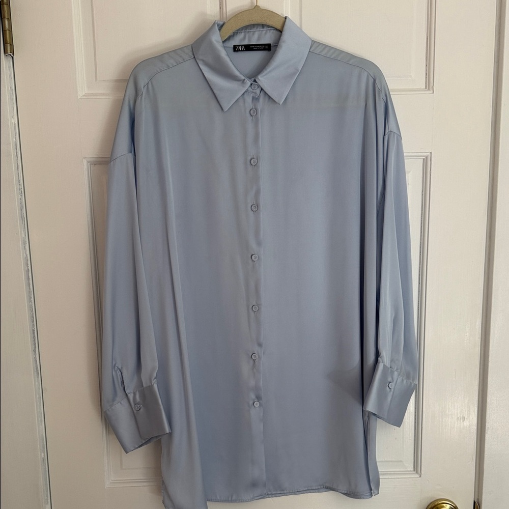 Zara Light Blue Silk  Button-Down Shirt Size M